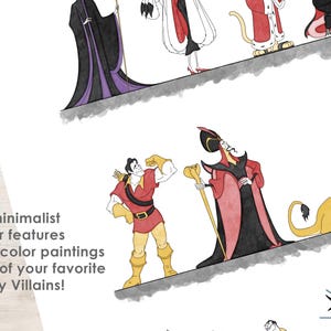 Puede incluir: Un p&oacute;ster minimalista con pinturas de acuarela de villanos de Disney. La obra de arte incluye personajes como Mal&eacute;fica, Jafar y Scar. El p&oacute;ster tiene un fondo blanco y el texto: "&iexcl;Este p&oacute;ster minimalista presenta pinturas de acuarela de todos tus villanos favoritos de Disney!"