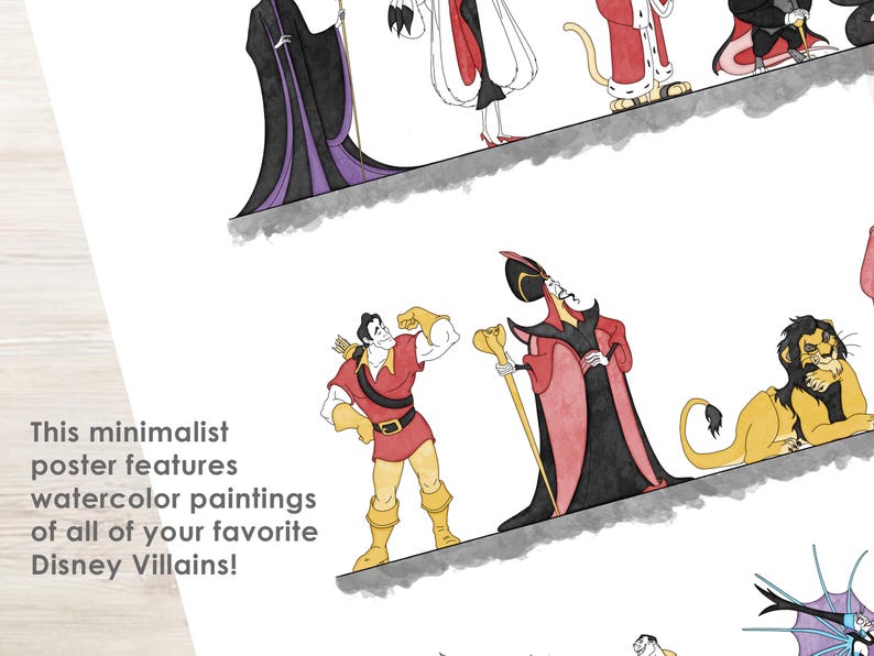 Puede incluir: Un p&oacute;ster minimalista con pinturas de acuarela de villanos de Disney. La obra de arte incluye personajes como Mal&eacute;fica, Jafar y Scar. El p&oacute;ster tiene un fondo blanco y el texto: "&iexcl;Este p&oacute;ster minimalista presenta pinturas de acuarela de todos tus villanos favoritos de Disney!"