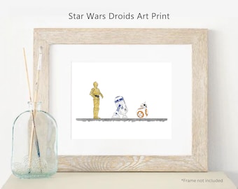 Impresión de arte mural de droides de Star Wars, pintura de acuarela de Disney, ilustración minimalista y colorida de ciencia ficción con R2-D2, C-3PO y BB-8.