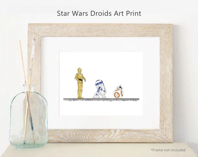 Star Wars Droids Wall Art Print, Nerdy Disney Watercolor Painting, Minimalist Colorful Sci-fi Illustration with R2-D2, C-3PO, and BB-8