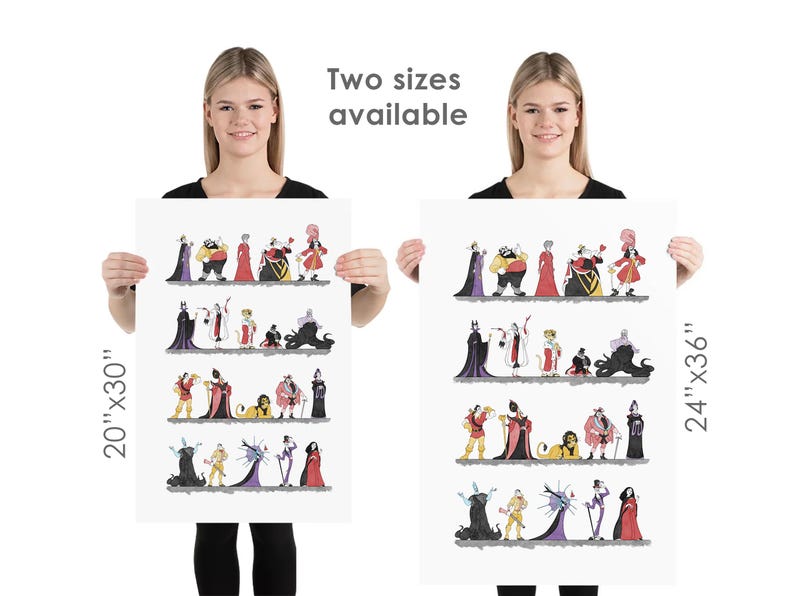 Puede incluir: Se muestran dos carteles con una ilustraci&oacute;n de dibujos animados de varios villanos. Los carteles est&aacute;n disponibles en dos tama&ntilde;os: 50,8 cm x 76,2 cm y 61 cm x 91,4 cm. El texto "Two sizes available" est&aacute; impreso en la parte superior. Las ilustraciones presentan personajes con varios atuendos.