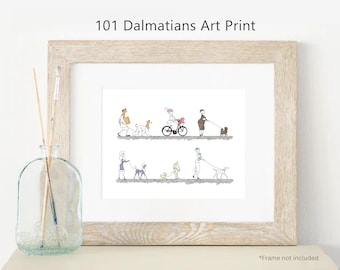 Lámina de arte mural de 101 dálmatas, acuarela colorida, obra de arte vintage de Disney, sencilla y nerd, ilustración de un perro paseando.