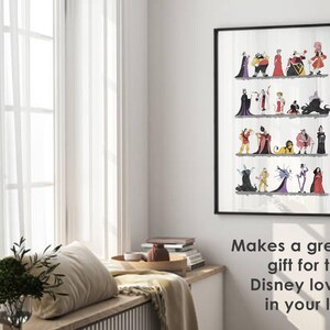 Puede incluir: Impresi&oacute;n art&iacute;stica enmarcada con una colecci&oacute;n de villanos de Disney. La obra de arte est&aacute; en un marco negro y cuelga de una pared blanca. El texto debajo del marco dice: "&iexcl;Es un gran regalo para el amante de Disney en tu vida!"