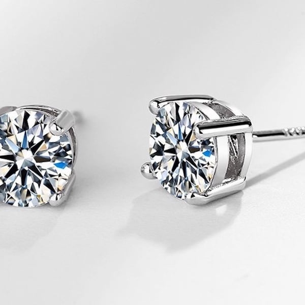 925 Sterling Silver Cubic Zirconia Round Cut Stud Earrings 4mm - 8mm with Butterfly Push Back