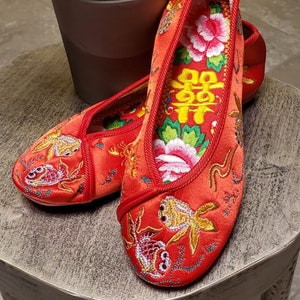 Red Bridal Shoes, Chinese Wedding, Bridal Shoes, Wedding Gift, Traditional Handmade Golden Fish Wedding Shoes