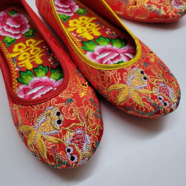 Red Bridal Shoes, Chinese Wedding, Bridal Shoes, Wedding Gift, Traditional Handmade Golden Fish Wedding Shoes