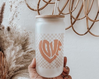 Retro Checkered Love 16 oz| Beer Can Glass Sublimation| Valentines Glass cup| Lover Day| Vday Glass| Hearts| Heart cup| Retro Cup