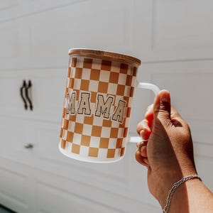15oz  Checkered mama Mugs| Frosted glass mug |Sublimation| Neutral mama glass| Checkered cup| Boho Glass| Christmas mug|