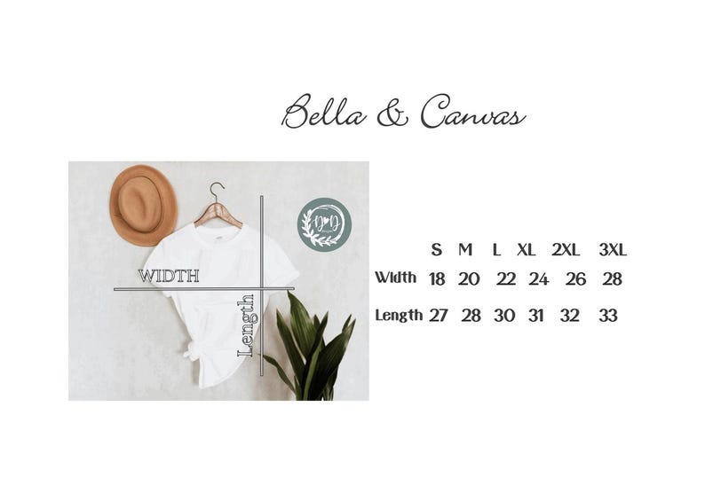 May include: A white t-shirt hanging on a wooden hanger, with a tan hat to the left. The shirt's width ranges from 18 to 28 inches, and the length from 27 to 33 inches. The text "Bella & Canvas" is at the top.