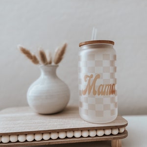 16 oz  Checkered Mama NOT FULL WRAP| Frosted Beer Can Glass |Sublimation| Neutral mama glass| Mom Glass| Boho Glass| Retro glass