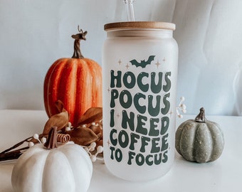 Hocus Pocus I need coffee to Focus 16 oz| Beer Can Glass |Spooky season| Glass Can| fall glass can  |Sublimation| Fall Cups