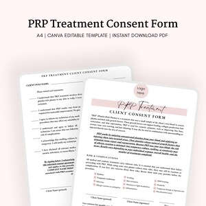Op de afbeelding: Een PRP-behandeling Toestemmingsformulier sjabloon, beschikbaar als een A4 Canva bewerkbare sjabloon voor direct downloaden. Het formulier bevat secties voor klantinformatie, toestemmingsverklaringen en risicodisclosures.
