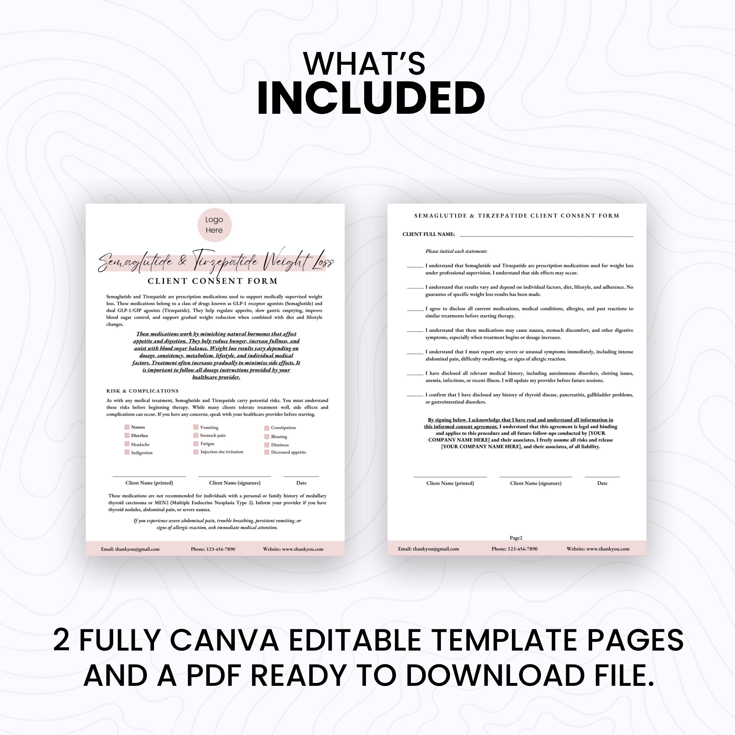 semaglutide weight loss consent form pdf Semaglutide and Tirzepatide Weight Loss Client Consent Form | Editable Weight  Loss Consent Template | Glp 1 Medication Consent