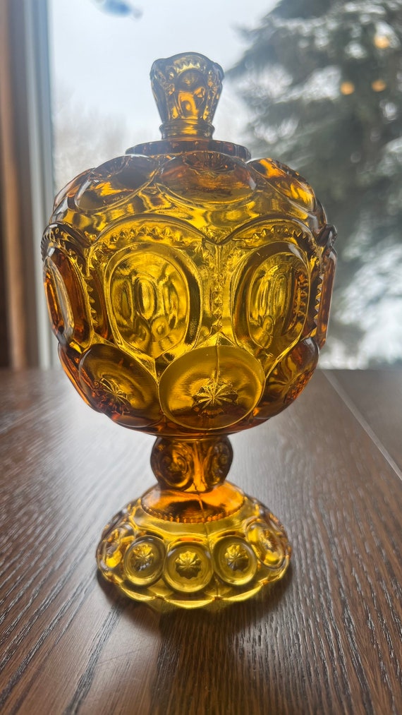 Vintage LE Smith Moon and Stars Yellow/amber Footed Covered