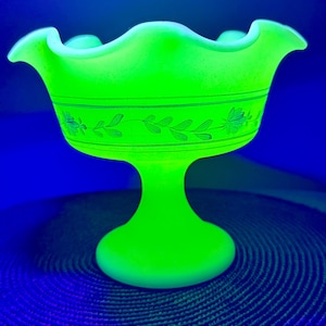 Hand Painted and Signed Fenton Satin Custard/Vaseline/Uranium Glass Compote
