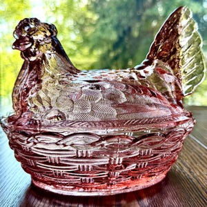 Hazel Atlas Depression Glass Split Tail Pink Glass Hen on Nest