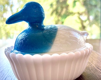 Very Rare Vintage Westmoreland Blue/White Marbled Slag Glass Duck On Nest (30's-50's)