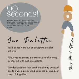Op de afbeelding: Een afbeelding met de tekst "90 seconden!" en "Onze Paletten" met een beschrijving van hoe kleurpaletten kunnen helpen bij het ontwerpen. De tekst "Clay Mood Studio" is ook inbegrepen.