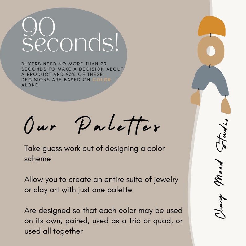 Op de afbeelding: Een afbeelding met de tekst "90 seconden!" en "Onze Paletten" met een beschrijving van hoe kleurpaletten kunnen helpen bij het ontwerpen. De tekst "Clay Mood Studio" is ook inbegrepen.