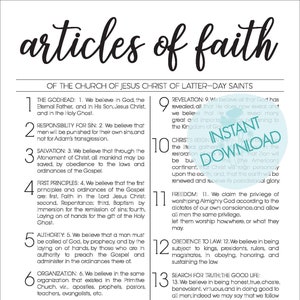 Op de afbeelding: Een wit document met de titel "articles of faith" in zwarte letters. Het document bevat 13 geloofsartikelen van de Kerk van Jezus Christus van de Heiligen der Laatste Dagen. Een "Direct downloaden" afbeelding staat in het midden.