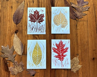 Autumn Leaf Print Set | Handmade Leaf Block Print | Fall Leaves Postcard Set | Four Piece Wall Art | Fall Decor | Maple Oak Linden Ash