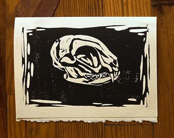 Cat Card Set | Handmade Halloween Greeting Cards | Set of 4 Linocut Greeting Cards |  Cat Skull Block Prints | Witch’s Familiar Cards