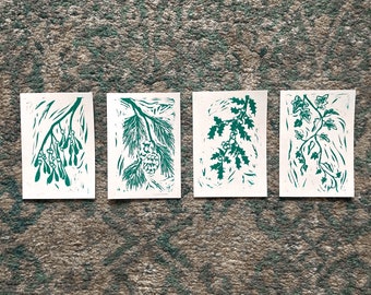 Winter Botanicals Art | Set of 4 Linocut Prints | Holiday Decor | Christmas Decor | Yule Art | Winter Solstice Art | Handmade Block Prints