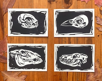 Halloween Wall Art | Animal Skull Linocut Prints | Set of 4 Block Prints | Spooky Halloween Decorations | Witch Art | Animal Skeleton Prints