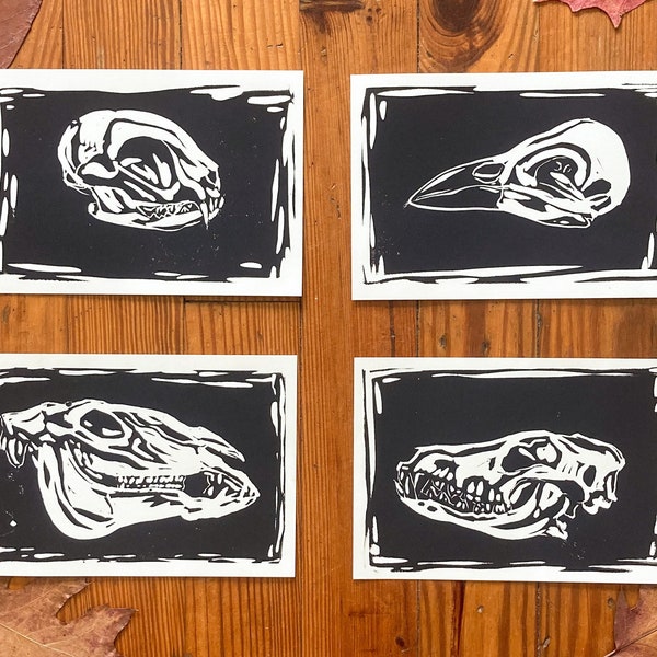 Halloween Wall Art | Animal Skull Linocut Prints | Set of 4 Block Prints | Spooky Halloween Decorations | Witch Art | Animal Skeleton Prints