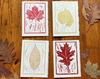 Fall Leaf Greeting Card Set | Thanksgiving Card Four Pack | Handmade Block Print Greeting Cards | Fall Leaves Linocut Cards