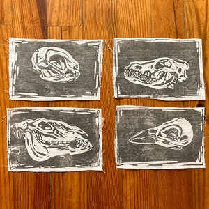 Handmade Skull Patches | Upcycled Fabric Block Print Patches | Animal Skull Patch | Raven Skull Patch | Crow | Horse | Wolf | Dog | Cat |