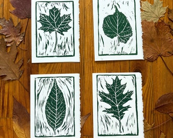 Leaf Greeting Card Set | Botanical Linocut Cards | Block Print Cards for Any Occasion | Set of 4 Leaf Print Greeting Cards