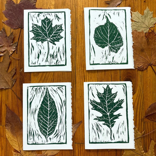 Leaf Greeting Card Set | Botanical Linocut Cards | Block Print Cards for Any Occasion | Set of 4 Leaf Print Greeting Cards