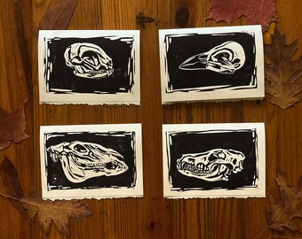 Halloween Greeting Cards | Block Print Halloween Cards | Set of 4 Linocut Greeting Cards | Animal Skull Prints