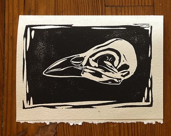Raven Card Set | Handmade Halloween Greeting Cards | Set of 4 Linocut Greeting Cards | Raven Skull Block Prints