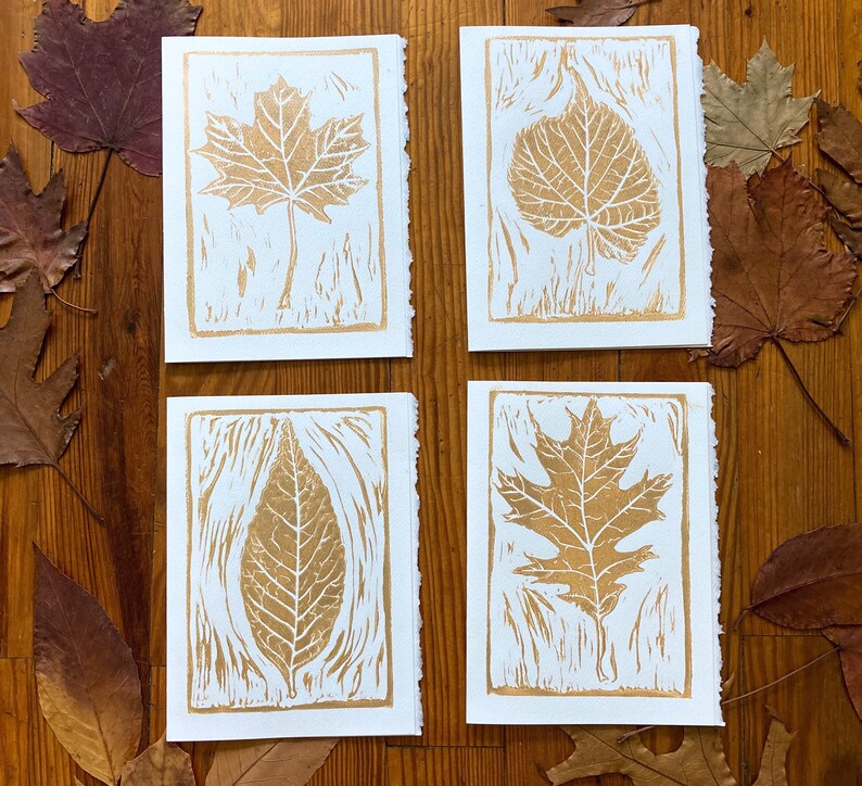 Leaf Greeting Card Set | Botanical Linocut Cards | Block Print Cards ...