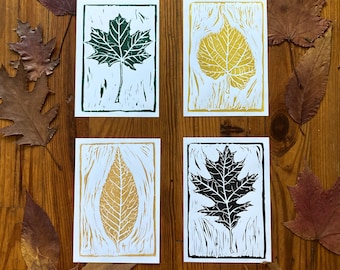 Leaf Linocut Print Set | Botanical Block Prints | Rustic Decor | Set of 4 Botanical Prints | Handmade Leaf Wall Art