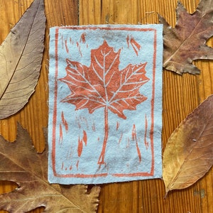 May include: A light blue fabric with a red printed maple leaf design. The fabric is surrounded by dried leaves.