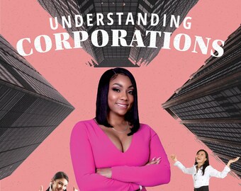 May include: A woman in a pink dress stands in front of a pink background with skyscrapers in the background. The text "UNDERSTANDING CORPORATIONS" is at the top of the image. Four other people are in the image, all giving thumbs up.