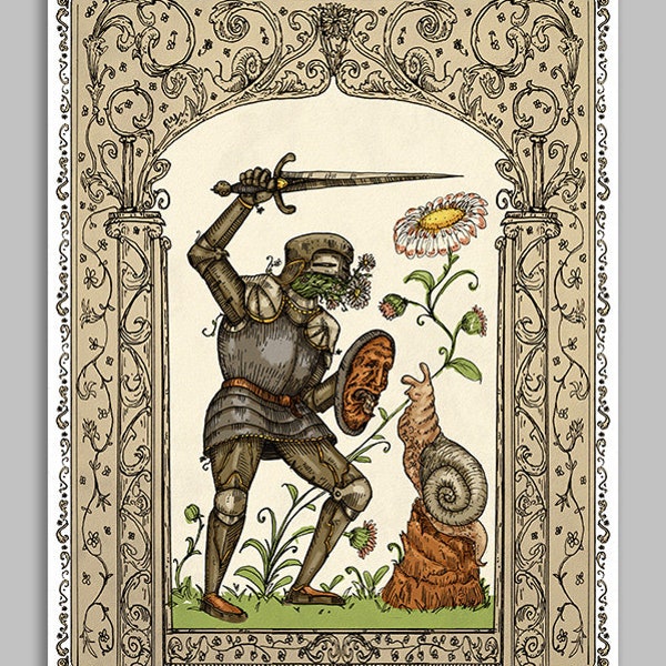 Fighting a Snail medieval vintage art print poster