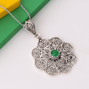 Handmade Silver Filigree Necklace with Intricate Floral Mandala Design and Central Green Gemstone Artisan Turkish Jewelry
