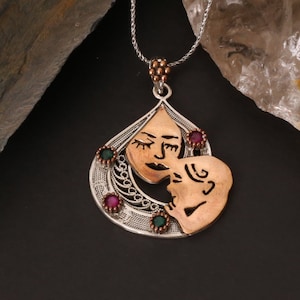 Mother and Baby Pendant Necklace, Handmade Sterling Silver and Bronze Jewelry, Filigree Design, Unique Gift for Mom, Artisan Keepsake