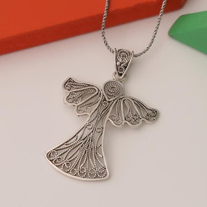 Handmade Silver Angel Necklace Elegant Filigree Design Spiritual Jewelry Gift for Women Guardian Angel Symbol Pendant