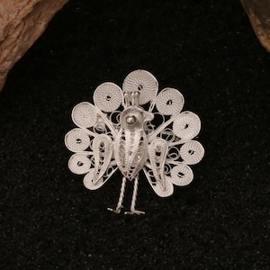 Handcrafted Sterling Silver Peacock Brooch with Intricate Filigree Details Inspired by Traditional Artisan Craftsmanship