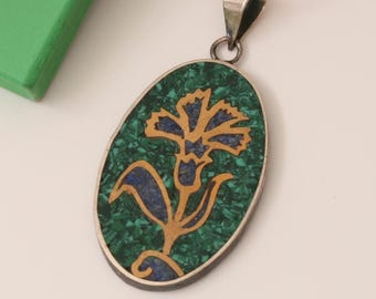 Sterling Silver Malachite Lapis Lazuli Necklace: Floral Design Pendant