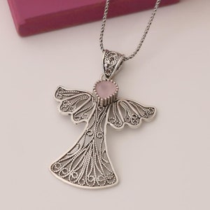 Guardian Angel Necklace in Sterling Silver with Rose Quartz – Handmade Filigree Angel Pendant for Spiritual Jewelry Lovers