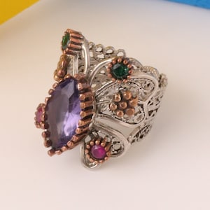 Amethyst Butterfly Ring: Filigree Silver, Adjustable Statement Jewelry