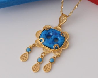 Handmade Gold Plated Necklace with Blue Evil Eye Ceramic Pendant and Turquoise Beads for Boho Spiritual Protection Jewelry Lovers