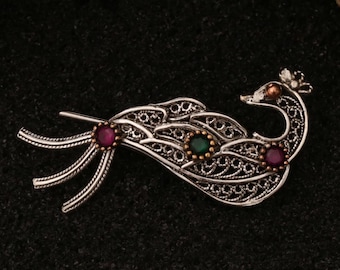 Phoenix Bird Filigree Silver Brooch with Colorful Stones – Symbol of Rebirth and Elegance in Handmade Art Jewelry