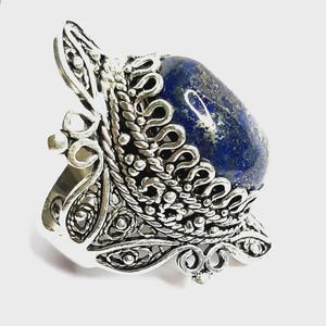 Handmade Lapis Lazuli Silver Ring with Filigree Detailing and Ornate Vintage-Inspired Statement Design